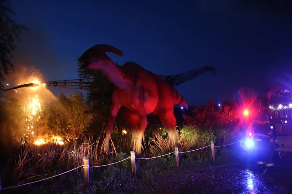 Grom udario 30-metarskog animatroničkog dinosaura — replika u Derbiju izgorela do kostura