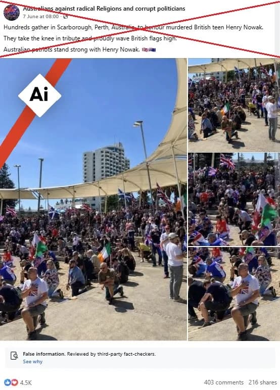 Fotografija navodnog skupa u Perthu za Henryja Nowaka je lažna — AI-generisana i demantovana