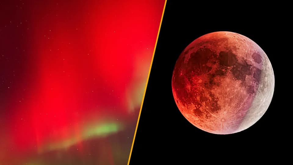 Retke crvene polarne svetlosti mogu se videti pored bakarnocrvenog Meseca tokom pomračenja 27.–28. avgusta