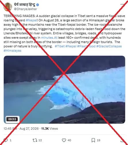Viralni video nije iz Nepala: stari snimak urušavanja glečera iz Patagonije pogrešno povezan s poplavama na granici Nepal–Tibet