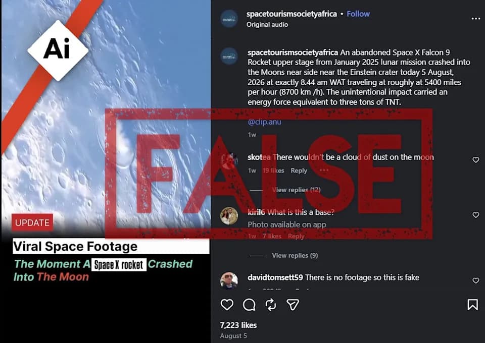 AI-Video Lažno Prikazuje Udar Falcon 9 U Mesec — Autentični Dokazi Su Sa VLT-a i Korejskog Orbiter-a