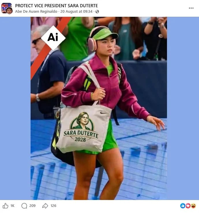 Lažna AI-fotografija Alex Eala Sa Torbom „Sara Duterte 2028“ — Original Objavila Novinarka, Google SynthID Potvrdio Manipulaciju
