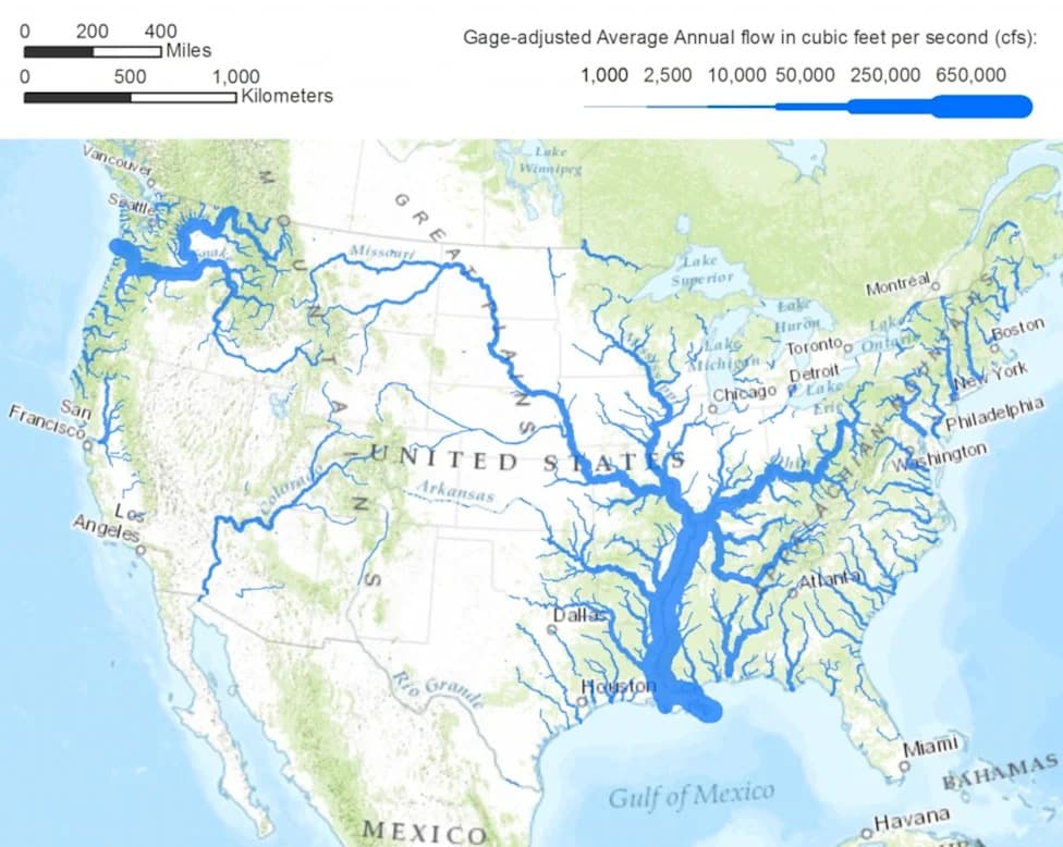 Mapa reka SAD prema protoku: Mississippi Daleko Najmoćnija